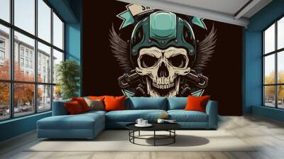 skull in the retro biker helmet vintage motor custom Motorcycle Rider style Wall mural