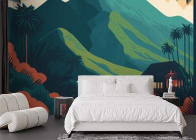 Tropical landscape with palm trees, mountains and lake. Vector illustration Wall mural