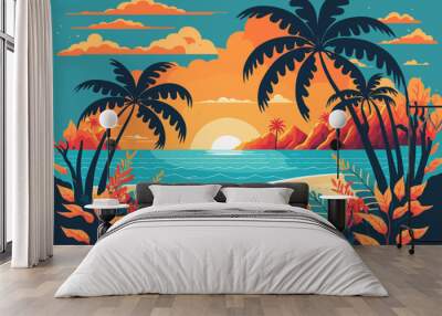 tropical summer beach ocean sunset and sunrise view cartoon vector illustration Wall mural