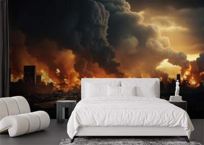 A cityscape engulfed in flames, the sky choked with smoke and ash, a chilling reminder of the destructive power of fire Wall mural