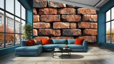 A Close-Up of a Brick Wall with Aged and Weathered Bricks Arranged in a Random Pattern, Showing the Texture and Color Variations of the Individual Bricks Wall mural