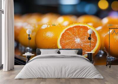 A close-up view of a halved orange, revealing its juicy and vibrant interior, set against a backdrop of whole oranges glistening with droplets of water. Wall mural