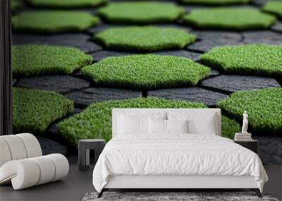 A close-up view of lush green grass growing on a hexagonal stone path, creating a textured and vibrant visual contrast Wall mural