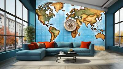 A concept of a flat earth model with a map and compass, Flat Earth, Map, Compass, Model, Conspiracy Wall mural