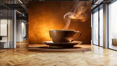 A cup of coffee with steaming hot steam against a brown background illuminated by sunlight Wall mural