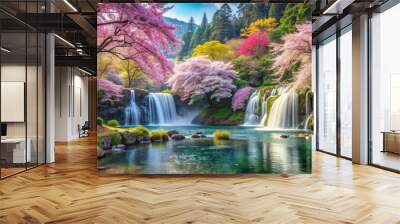 A serene paradise with blooming sakura trees, colorful flowers, flowing rivers and majestic waterfalls, paradise, idyllic Wall mural