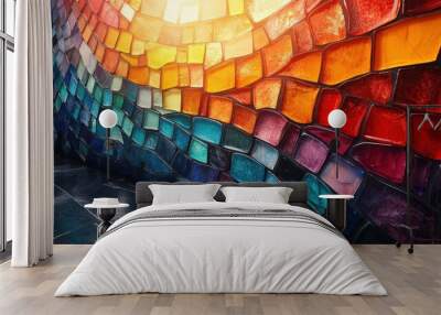 A vibrant mosaic of colorful glass tiles, arranged in a curved pattern, creating a dramatic interplay of light and shadow, showcasing the intricate beauty of handcrafted artwork. Wall mural