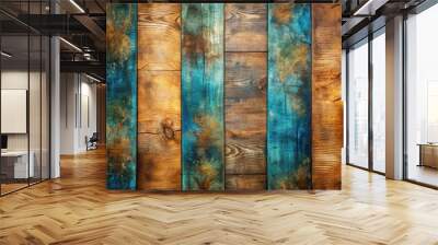 Abstract background of textured wood in mysterious forest colors featuring shades of blue and brown Wall mural