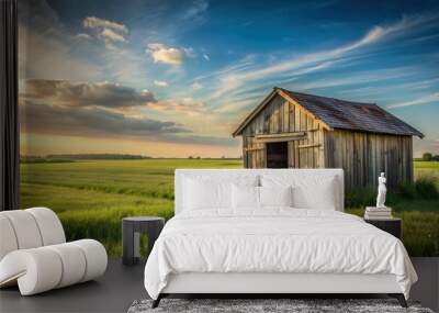 An abandoned wooden shed in a serene grass field Wall mural