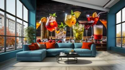 Assorted cocktails on a dark wooden table perfect for a night out or party Wall mural