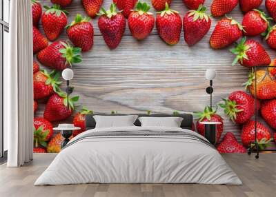 Background of fresh strawberries arranged in a pattern, strawberries, fresh, red, juicy, fruit, background, pattern, organic Wall mural