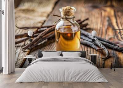 Bottle of homemade vanilla essence on rustic wooden background Wall mural