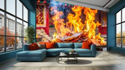 Burning joss paper during traditional Chinese ancestor worship ceremony , ancestor, worship, tradition, China Wall mural