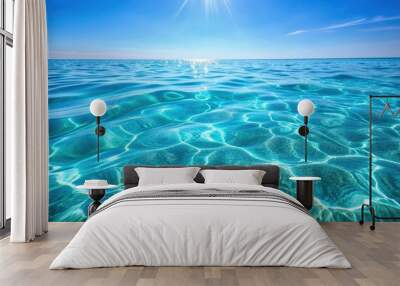 Close up of shimmering clear blue sea water surface , clear, blue, sea, water, surface, close up, shimmering, sunlight, reflection Wall mural