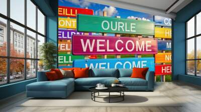 Colorful collage of welcome signs in different languages , welcome, collage, multicultural, diversity, greeting Wall mural