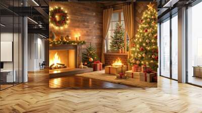 Cozy Christmas interior with magical glowing tree, fireplace, and gifts, Christmas, magic, glowing, tree, fireplace, gifts Wall mural