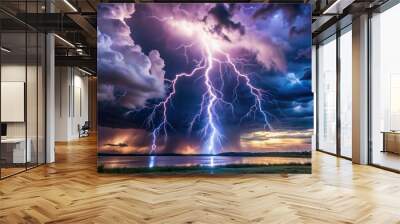 Dramatic thunderstorm with powerful lightning striking the sky , lightning, storm, weather, dramatic, power, energy Wall mural