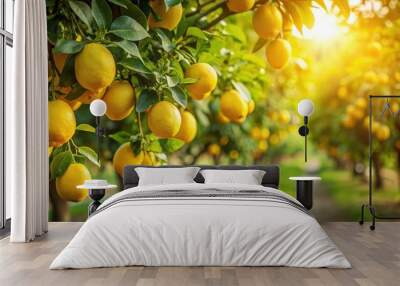 Golden lemons hanging from lush green branches in a vibrant orchard under soft sunlight, lemons, golden, fruit, branches Wall mural