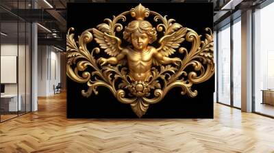 Golden metal decorative cupid with intricate Baroque ornaments isolated on black background, cupid, gold, metal Wall mural