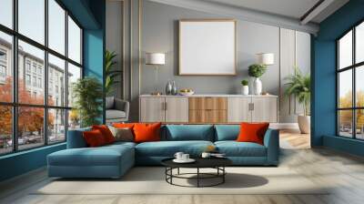 Modern living room with a sleek sideboard and a blank frame on the wall , home decor, interior design, contemporary Wall mural