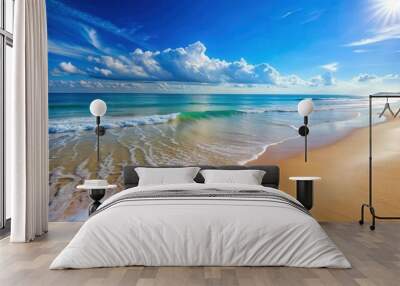 Peaceful beach scene with calm waves touching sand under clear skies, Tranquility, relaxation, beach, scene, calm, waves Wall mural