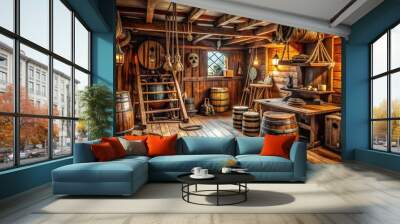 Pirate cabin inside an old ship featuring wooden walls, barrels, treasure chest, and pirate flags Wall mural