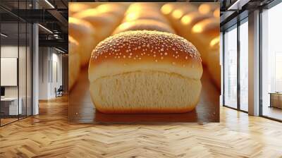 Soft White Buns with Sesame Seeds in a Row on a Wooden Surface Wall mural