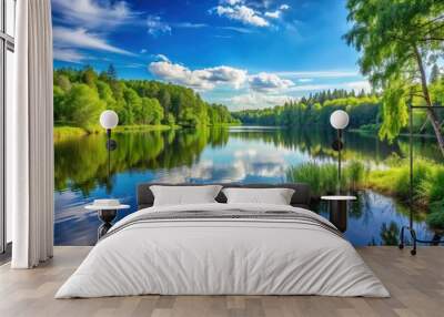 Tranquil summer scene of a forest lake with lush greenery and clear blue skies Wall mural