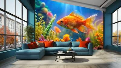 Vibrant orange fish swimming in colorful underwater landscape surrounded by aquatic plants Wall mural