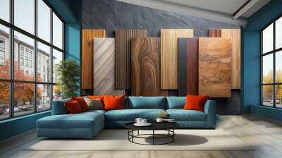 Wood texture laminate furniture and flooring samples on sleek dark stone backdrop with space for text Wall mural