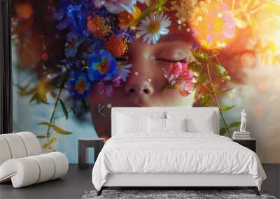 Abstract art portrait of woman with flower covered face. Wall mural