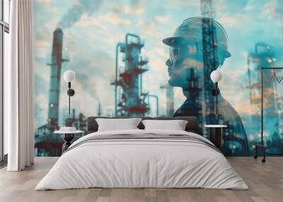 Double exposure of engineer or technician man with safety helmet communicate operated plant Wall mural