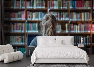 Female student using laptop in university library during class. Wall mural