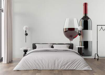 Red wine bottle and glass isolated on white background. Wall mural