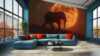 Silhouette of African elephant walking on the sand dune at lunar eclipse  Wall mural