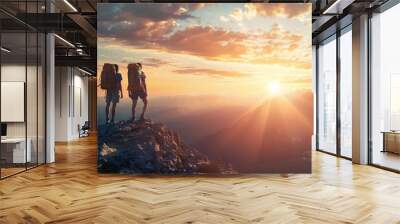 Two tourists with backpacks enjoying sunset on top of a mountain Wall mural