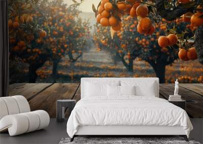 Wood table with space  orange trees background for product display Wall mural