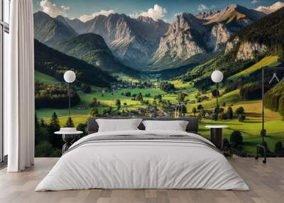 A picturesque valley showcases a charming village surrounded by towering mountains and lush greenery, illuminated by the warm light of sunset Wall mural