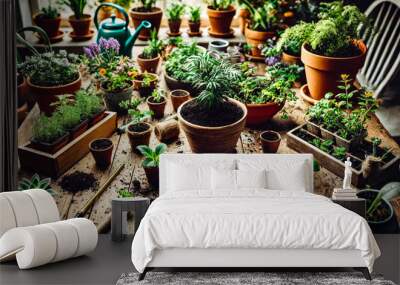 Colorful potted plants and gardening tools are spread across a table in a bright, cheerful indoor gardening area Wall mural