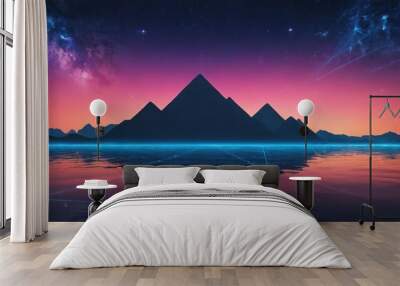 Dark mountains stand against a vibrant sunset sky with a colorful nebula, reflected in still water with a bright blue line of light Wall mural