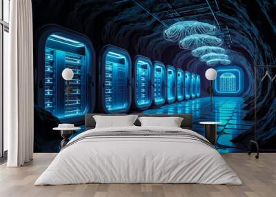 Futuristic server room with glowing technology in a subterranean environment, showcasing advanced data storage systems and illuminated ceilings Wall mural