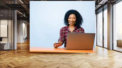 beautiful african business woman isolated over whit background feeling excited Wall mural