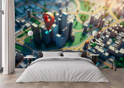 3d city map with 3d pinters location, gps, transport concept, generative ai Wall mural