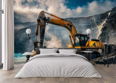 A large yellow and black construction vehicle is digging into the ground. The machine is surrounded by a lot of dirt and rocks, and it is working hard to dig a hole Wall mural