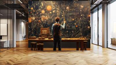 a physicist teacher art using physics on a table with mountains, blackboard, planets, clouds, Wall mural