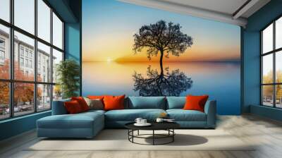 A tree is reflected in the water, with the sun setting in the background. The scene is serene and peaceful, with the tree standing alone in the water Wall mural