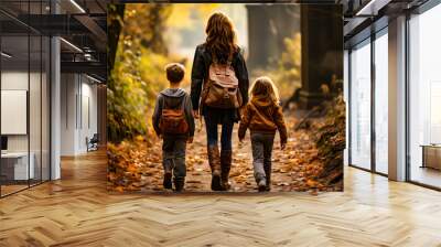 a woman hiking with are their children at autumn Wall mural