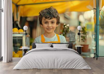 A young entrepreneur sets up a lemonade stand, proudly wearing a yellow badge Wall mural