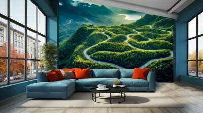 aerial view of an idyllic road in the green mountain with trees and lake Wall mural