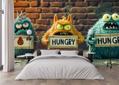 Cuddly strange funny creatures asking for food, with blank signboards saying 